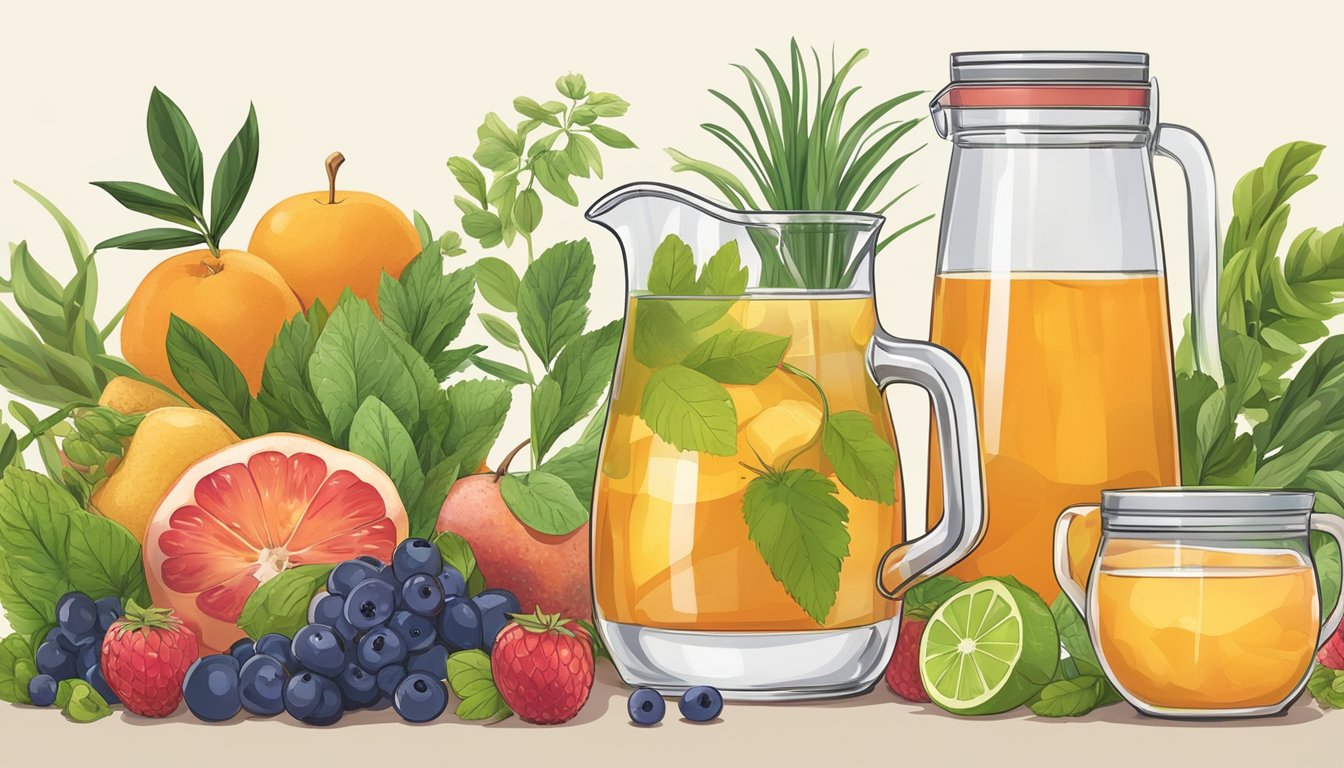 A glass pitcher of kombucha surrounded by various fruits and herbs, with a measuring cup pouring a controlled amount into a glass