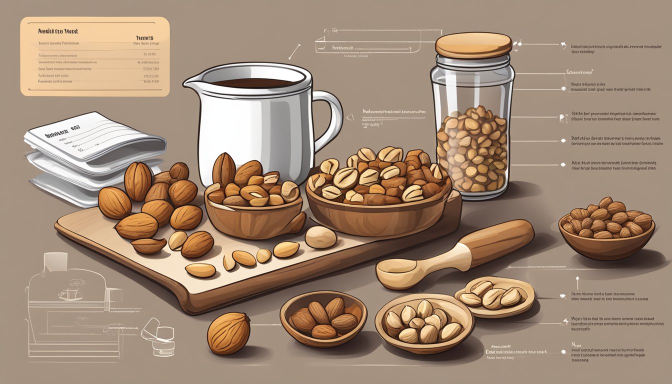 A table with a variety of nuts, including walnuts, next to a measuring cup and a daily intake guideline chart