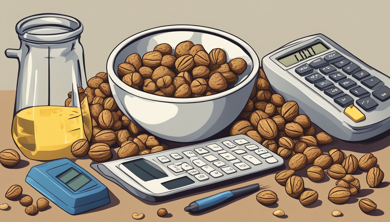 A pile of walnuts spilling out of a measuring cup, surrounded by caution signs and a calculator