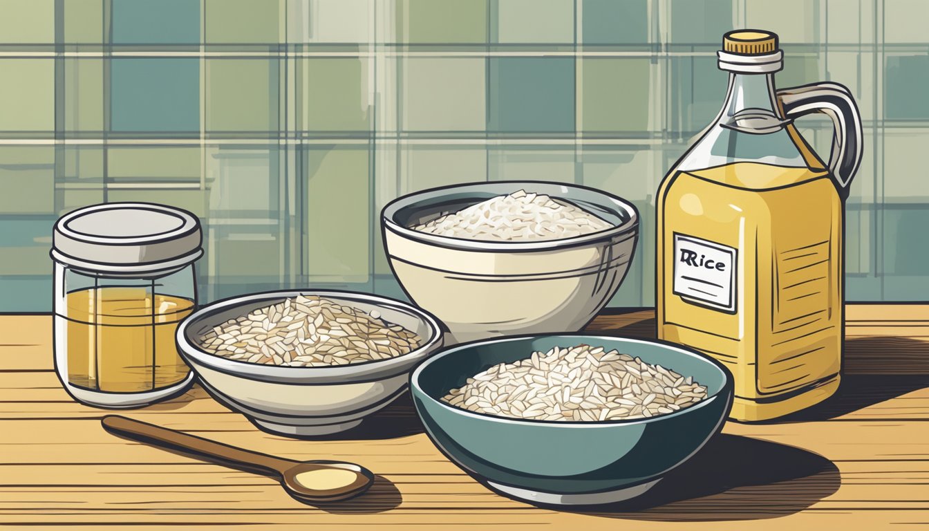 A bottle of rice vinegar sits on a kitchen counter, surrounded by various types of vinegar. A measuring spoon hovers over a bowl of rice, ready to add the perfect amount