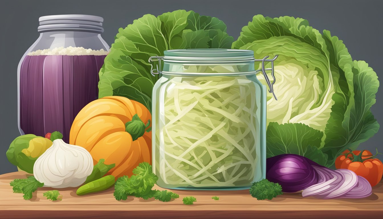 A jar of sauerkraut overflowing with cabbage and brine, surrounded by colorful vegetables and a wooden cutting board