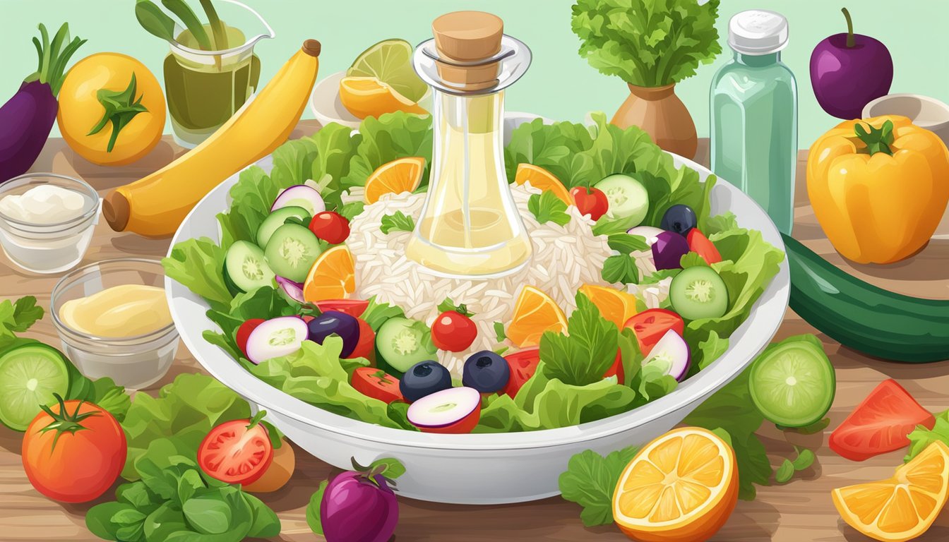 A bottle of rice vinegar pouring onto a vibrant salad, surrounded by fresh vegetables and fruits