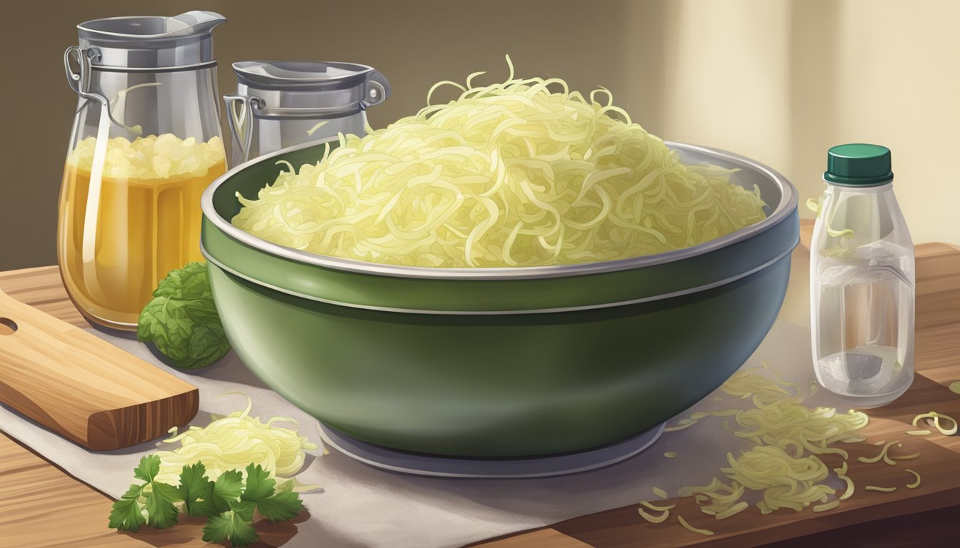 A large bowl of sauerkraut overflowing onto a table, with measuring cups scattered around