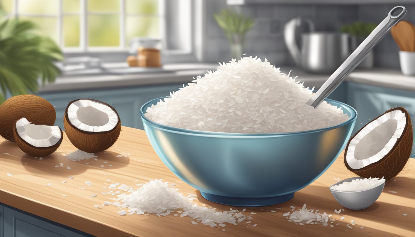 A bowl of coconut flakes overflowing from a measuring cup onto a kitchen counter