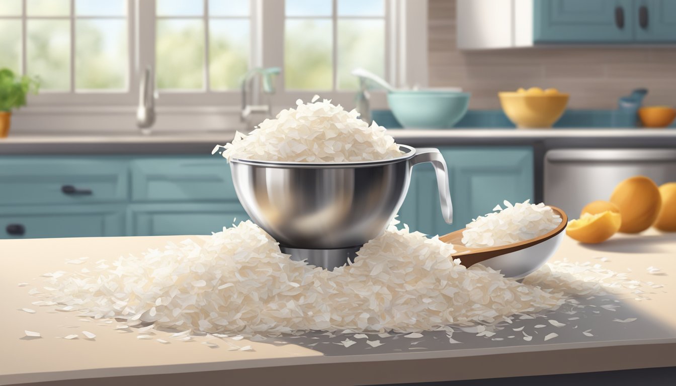 A pile of coconut flakes overflowing from a measuring cup, spilling onto a kitchen counter