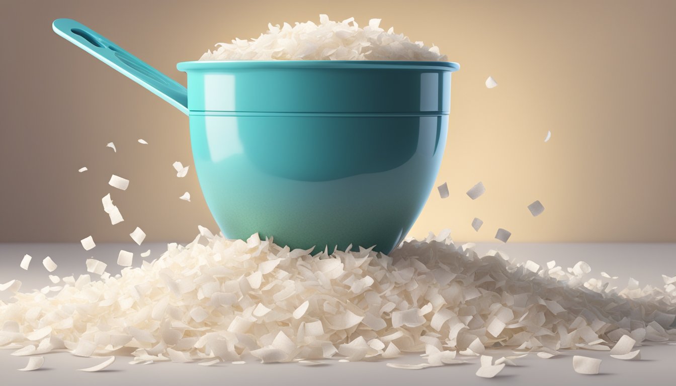 A pile of coconut flakes spilling out of a measuring cup, with a question mark hovering above it