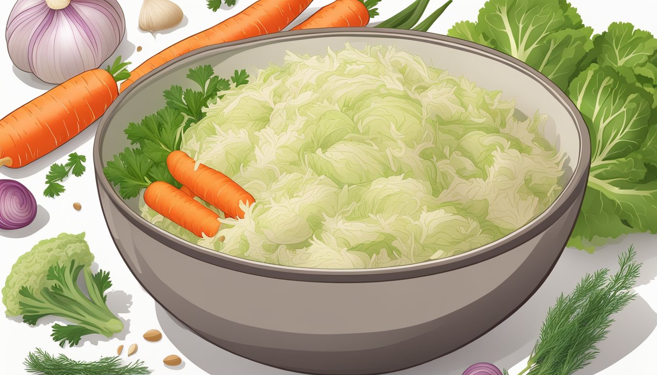 A bowl of sauerkraut overflowing with cabbage, carrots, and spices, surrounded by fresh ingredients like dill, garlic, and onions