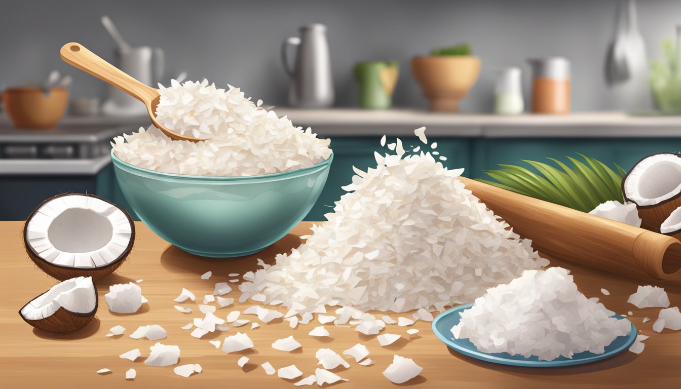 A pile of overflowing coconut flakes spilling out of a measuring cup onto a kitchen counter