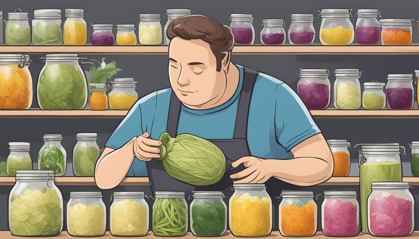 A table with various sizes of sauerkraut jars, a measuring cup, and a person looking concerned while measuring out sauerkraut