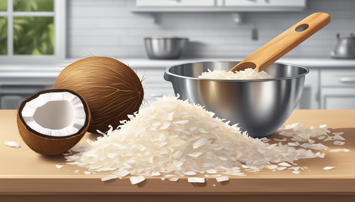 A pile of coconut flakes spilling out of a measuring cup, overflowing onto a kitchen counter