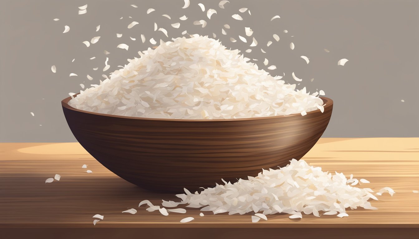 A bowl overflowing with coconut flakes, spilling onto a wooden table