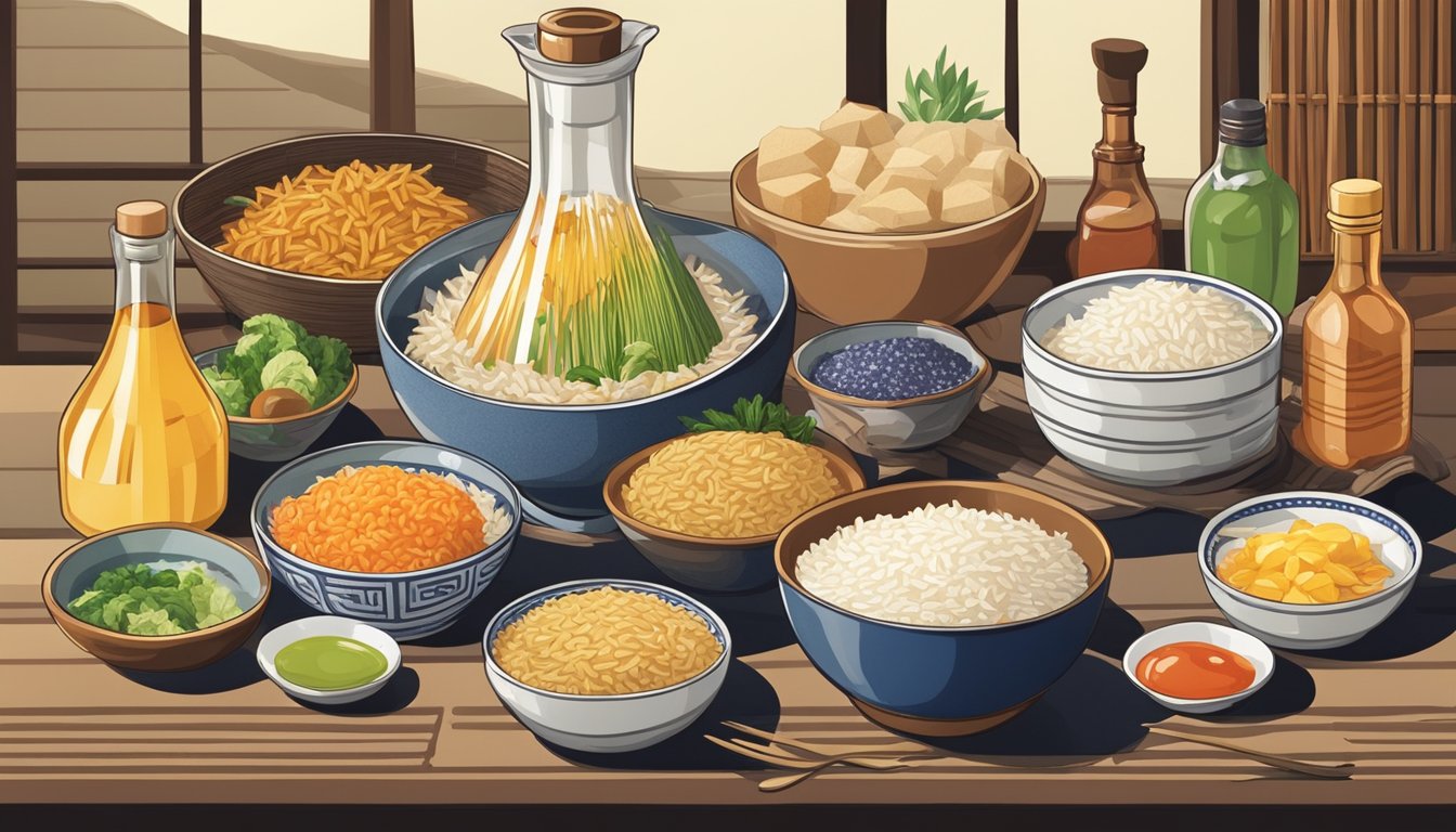 A bottle of rice vinegar pouring into a bowl of rice, with various dishes and condiments surrounding it, symbolizing its cultural significance and alternative uses