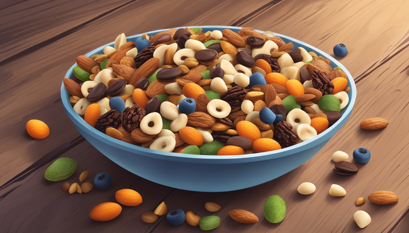 A bowl overflowing with various trail mix ingredients, including nuts, seeds, dried fruit, and chocolate chips, sits on a wooden table