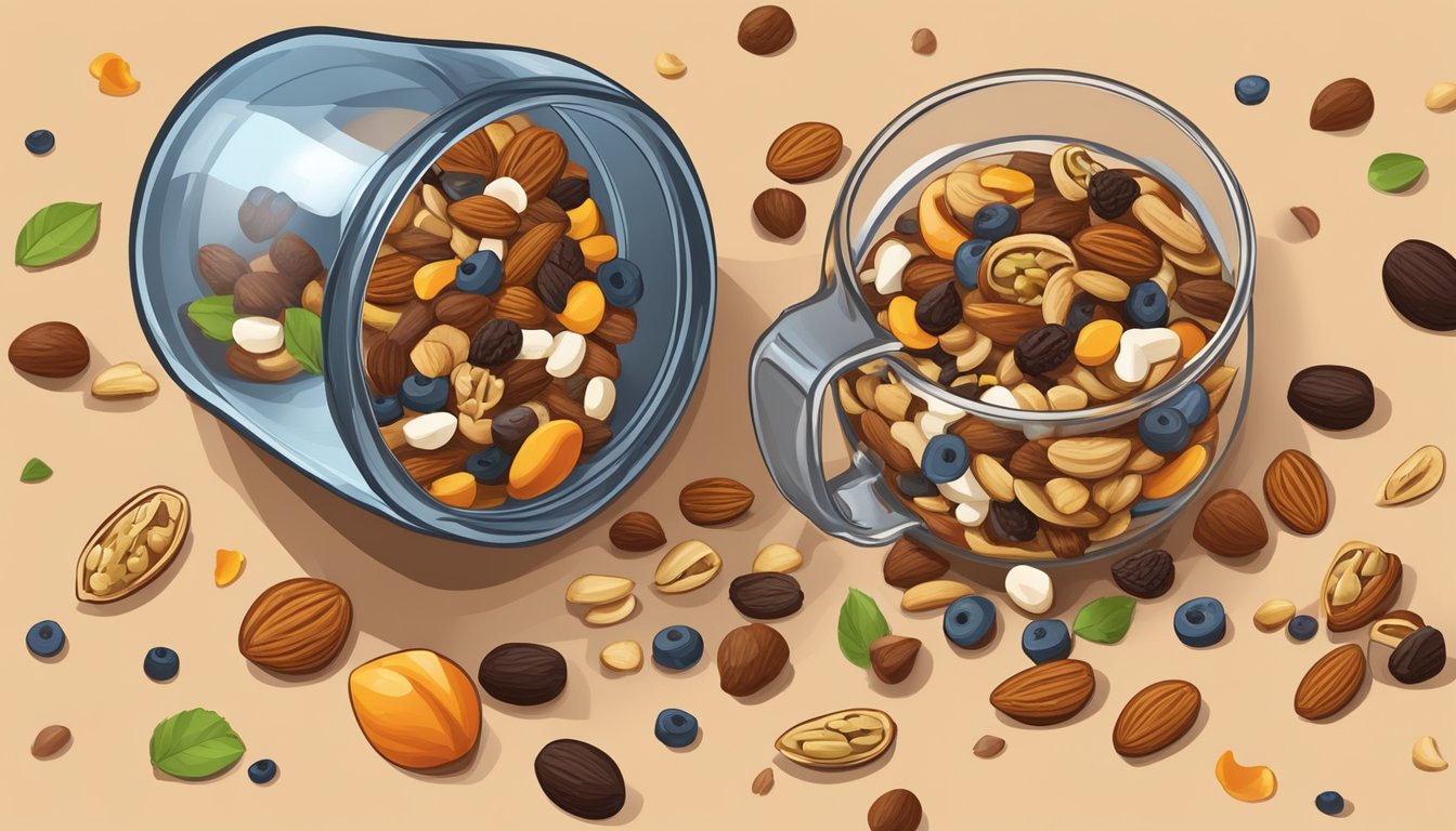 A handful of trail mix spills from a measuring cup onto a wooden table, surrounded by scattered nuts, seeds, and dried fruit