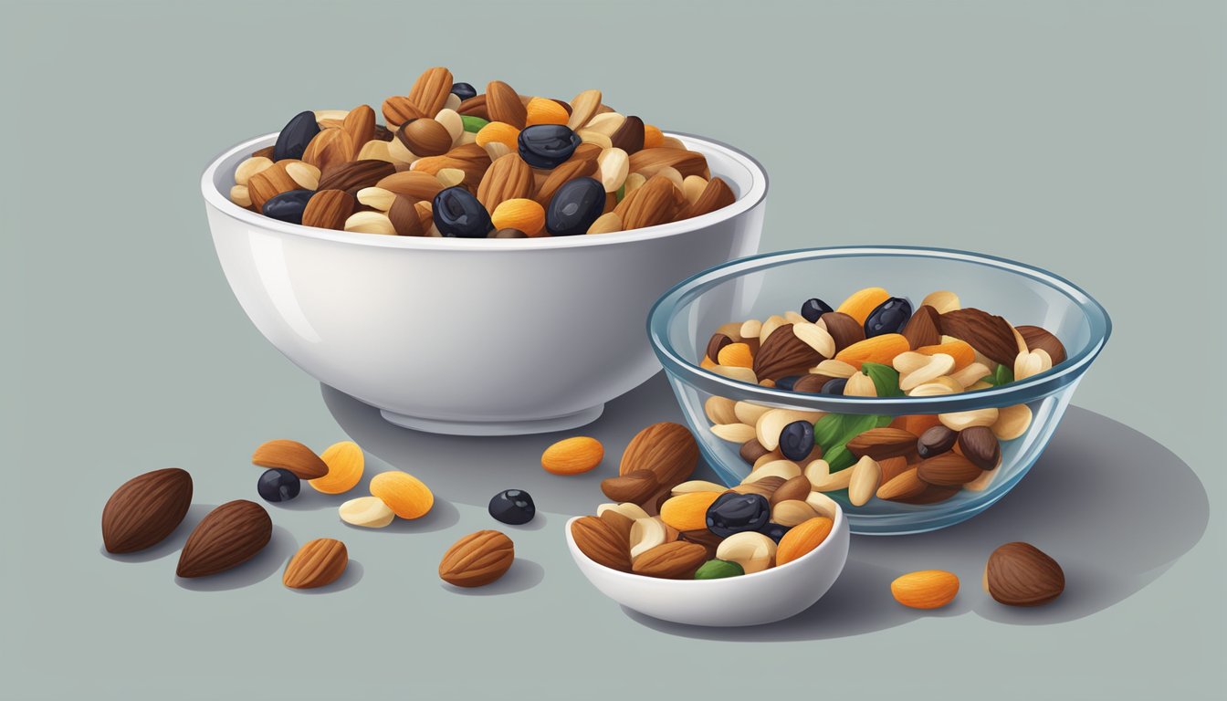 A small bowl of trail mix overflowing with nuts, seeds, and dried fruit, with a measuring cup next to it