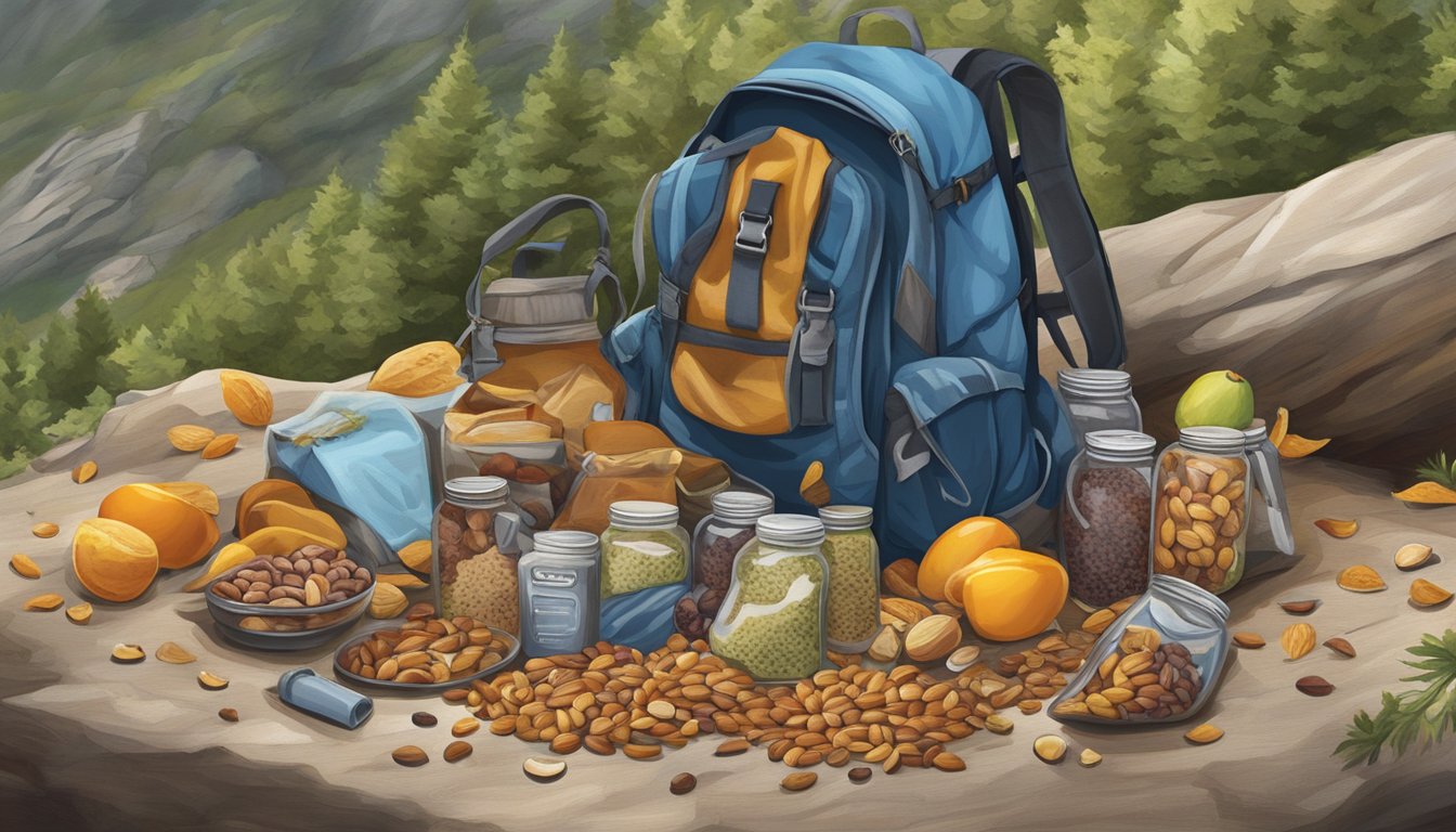 A hiker's backpack spills open, revealing a variety of nuts, seeds, and dried fruit scattered across a rocky trail