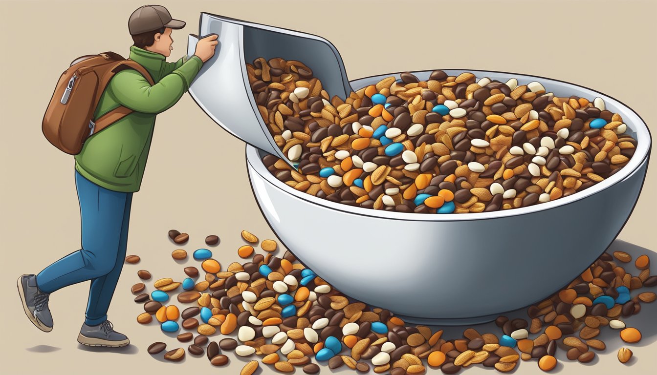 A person pouring an excessive amount of trail mix from a large bag into a bowl