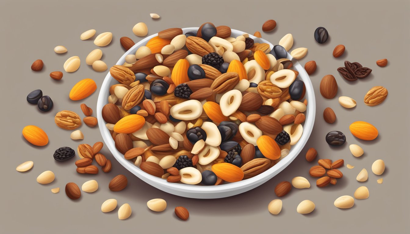 A large pile of trail mix spills out of an overturned bowl onto a table, with scattered nuts, seeds, and dried fruit