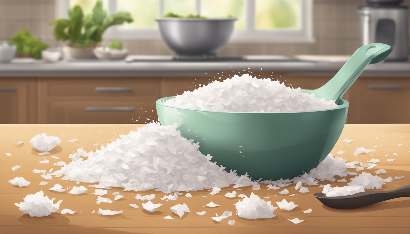 A pile of overflowing coconut flakes spills from a measuring cup onto a kitchen countertop