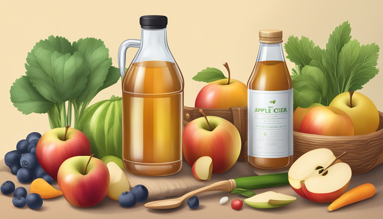 A bottle of apple cider vinegar with a measuring spoon next to it, surrounded by a variety of fruits and vegetables