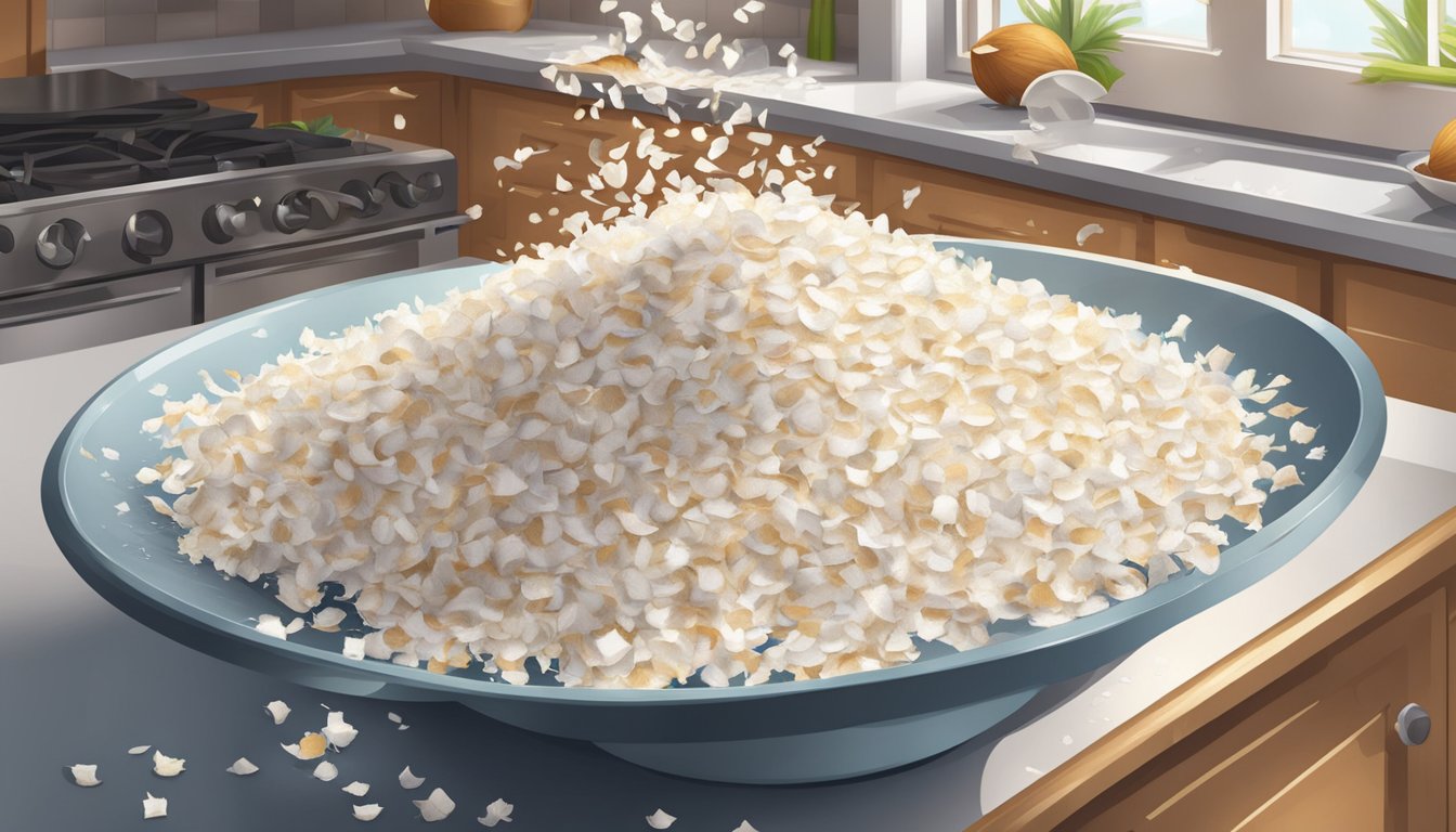 A pile of overflowing coconut flakes spills out of a large measuring cup onto a kitchen counter