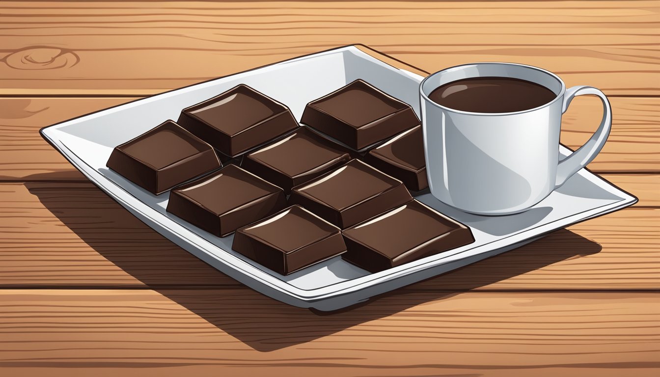 A plate of dark chocolate squares stacked on a wooden table beside a measuring cup