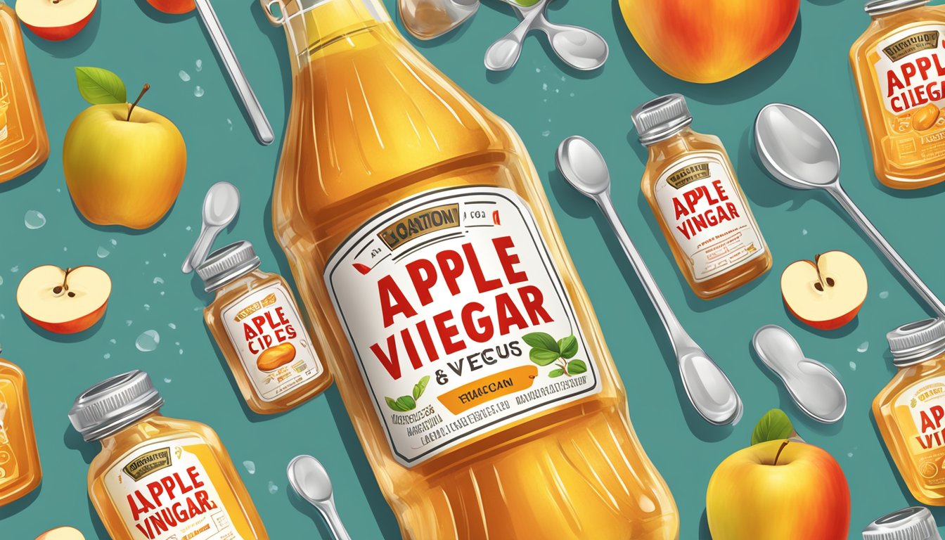 A bottle of apple cider vinegar overflowing with liquid, surrounded by caution signs and measuring spoons