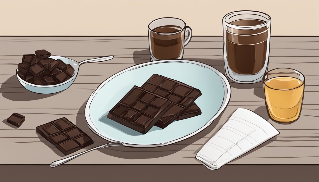 A table with a plate of dark chocolate and a measuring cup next to it, with a question mark hovering above