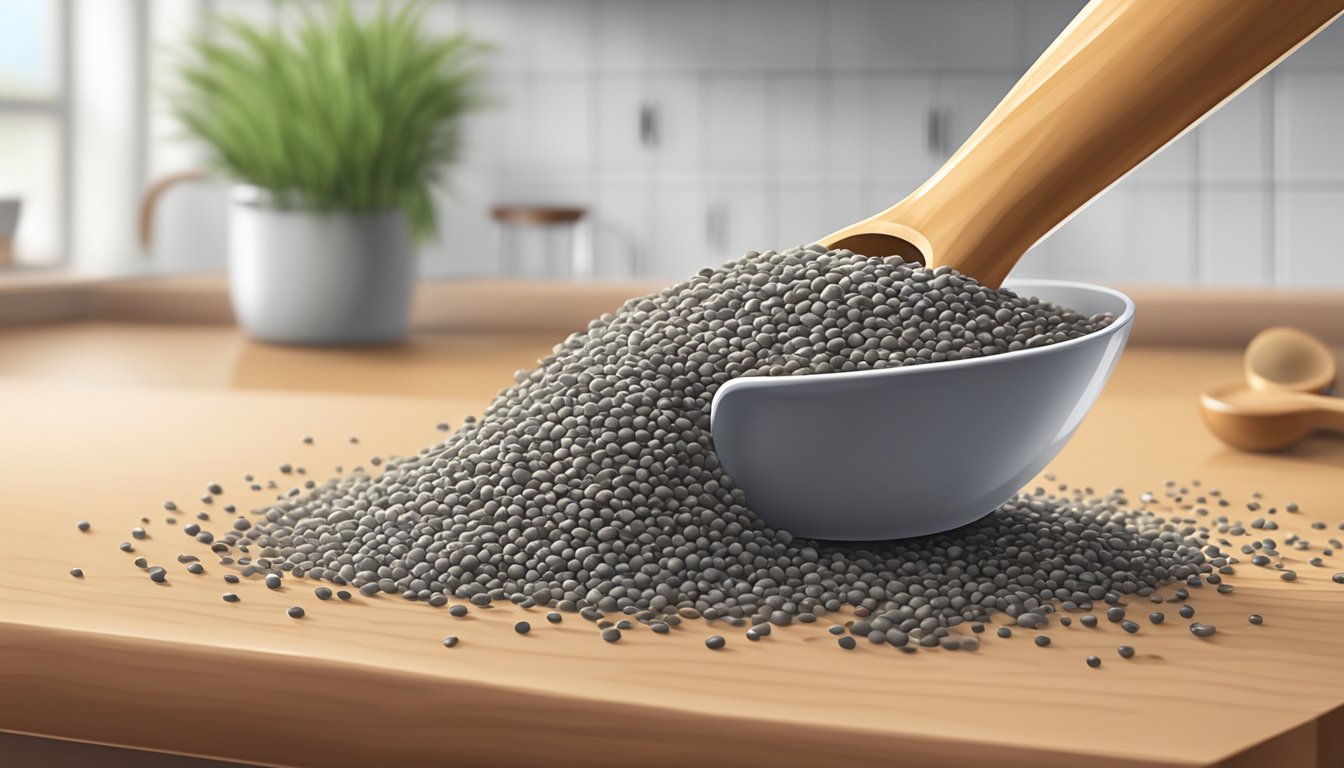 A small pile of chia seeds spilling out of a measuring spoon onto a kitchen counter