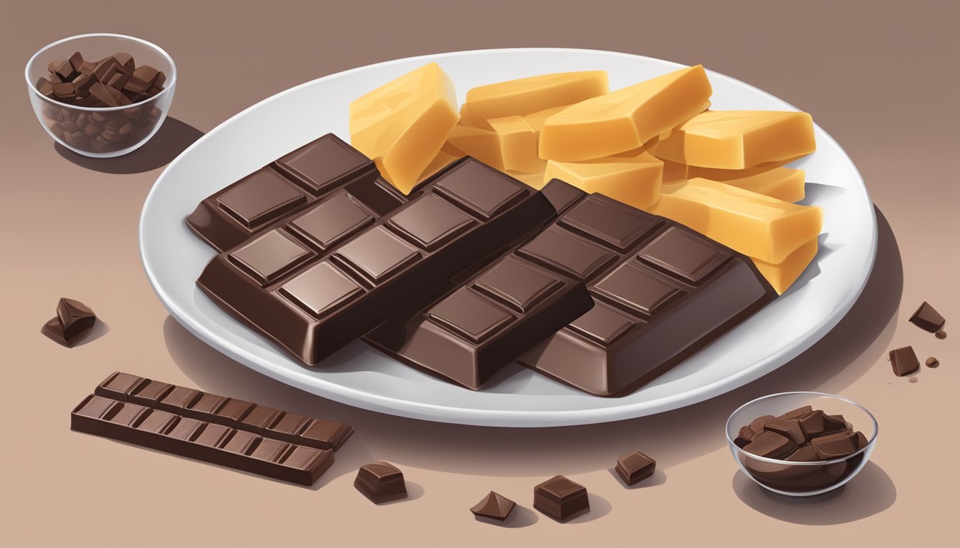 A plate with multiple pieces of dark chocolate, a measuring cup, and a nutrition label