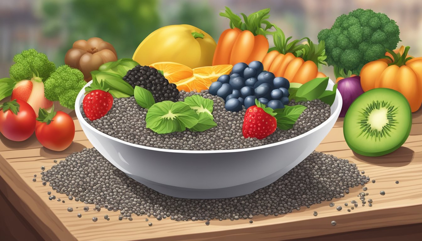 A small bowl of chia seeds overflowing onto a wooden table, surrounded by various fruits and vegetables