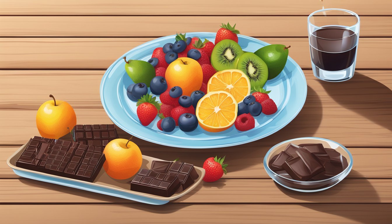 A plate with various fruits and a small portion of dark chocolate, alongside a glass of water on a wooden table