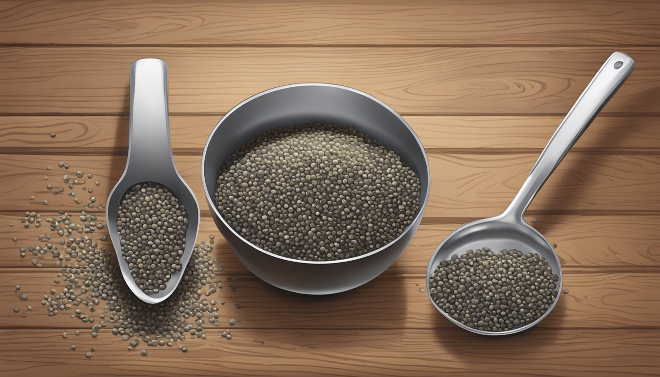 A small pile of chia seeds spills out of a measuring spoon onto a wooden table, surrounded by scattered seeds and a measuring cup