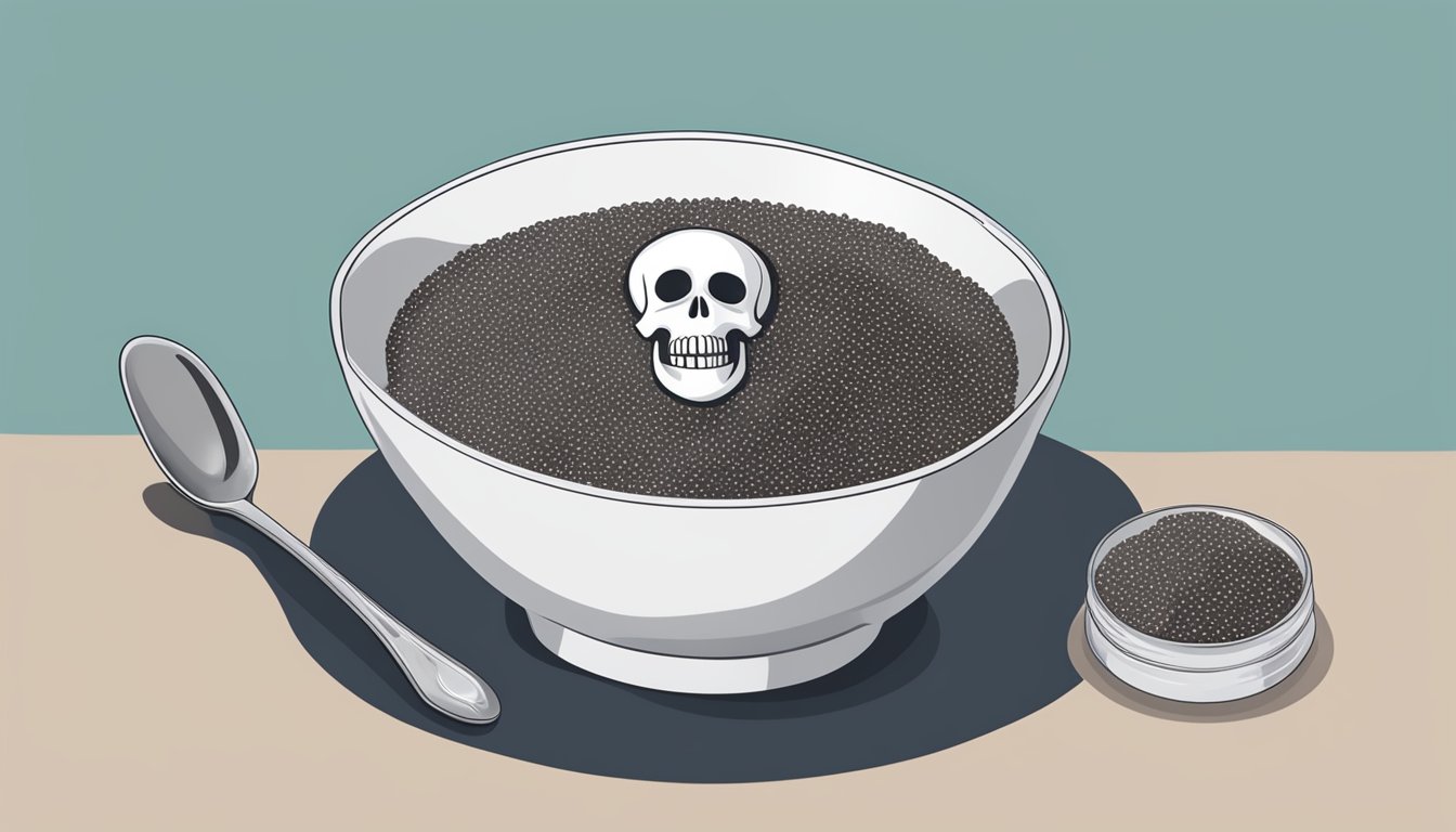 A small bowl overflowing with chia seeds, a measuring spoon, and a warning label with a skull and crossbones