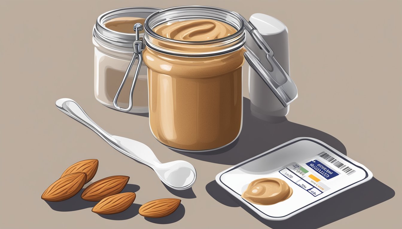 A jar of almond butter with a spoonful spread on a slice of bread, accompanied by a measuring cup and a nutrition label