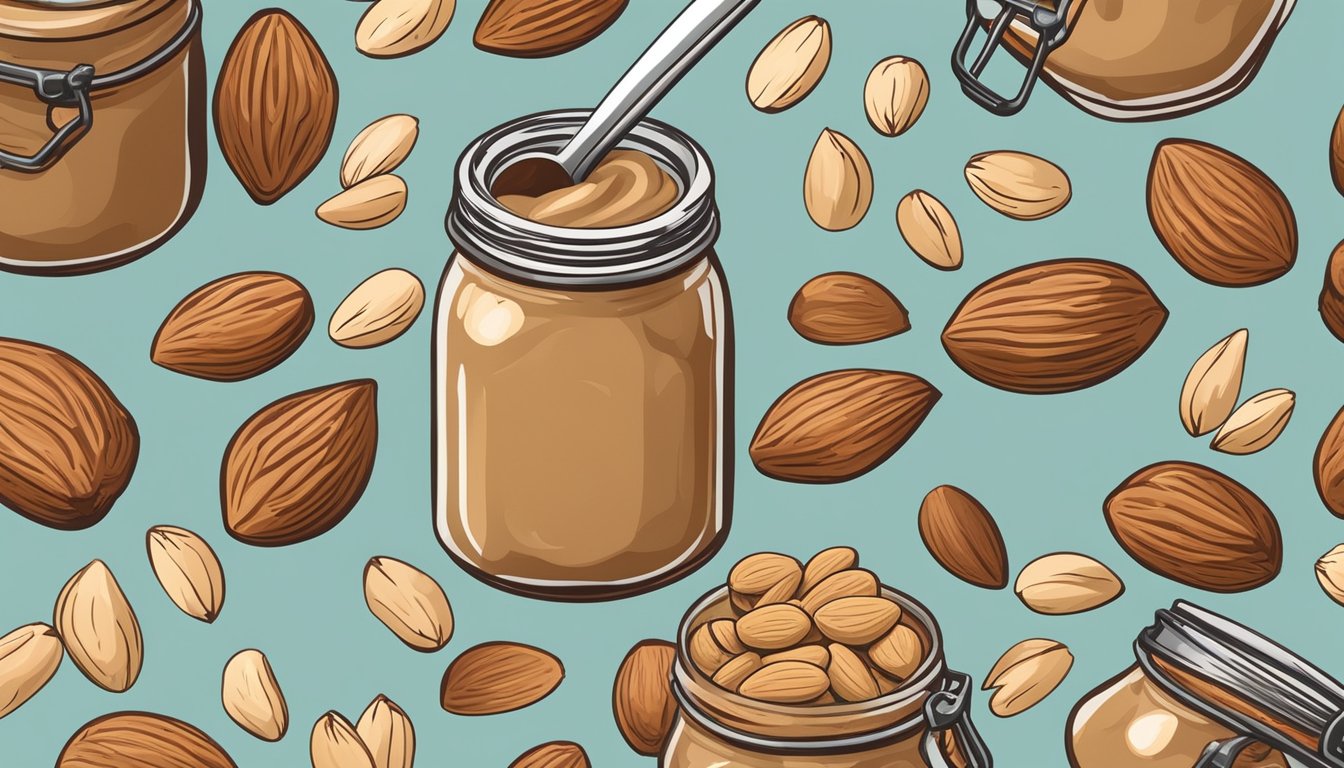 A jar of almond butter surrounded by a variety of nuts and almonds, with a measuring spoon nearby