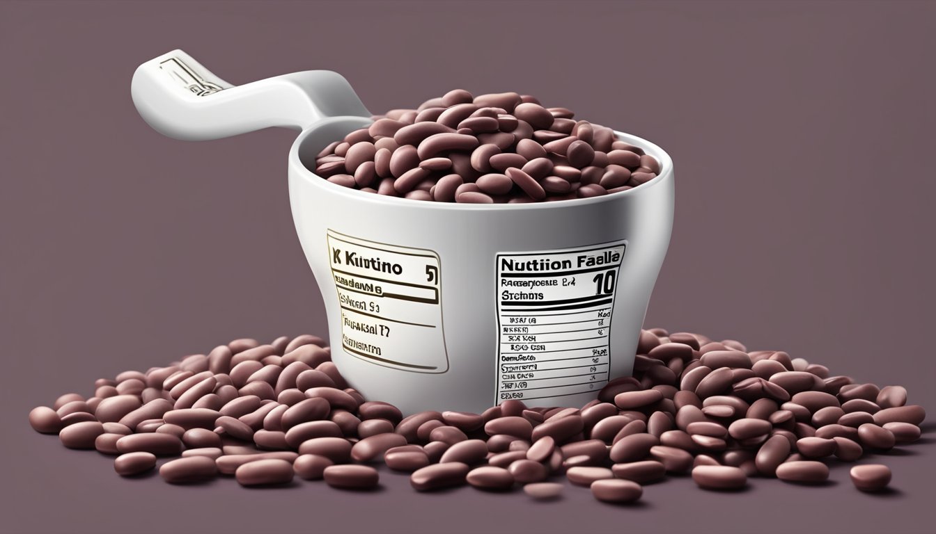 A pile of kidney beans spilling out of a measuring cup, with a nutrition label in the background