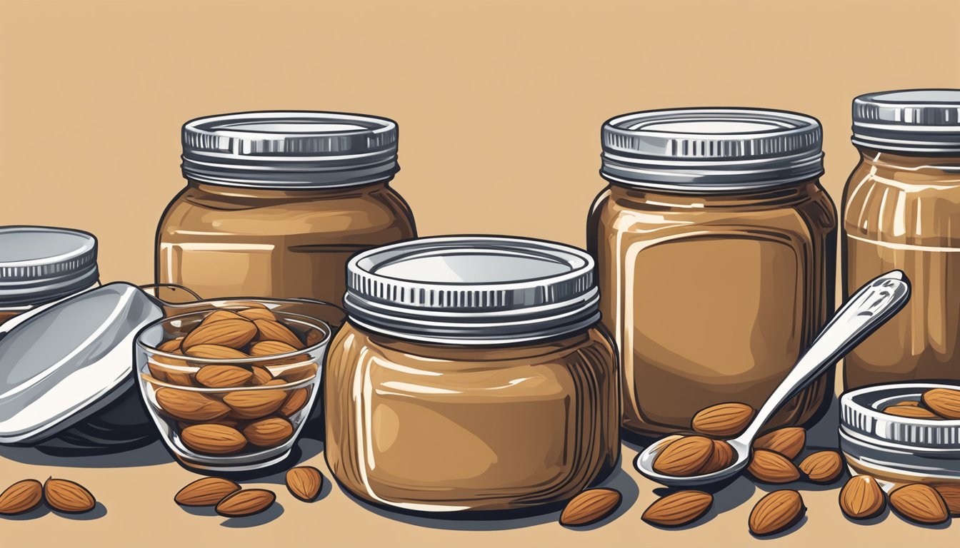 A jar of almond butter with a spoon next to it, surrounded by several empty jars