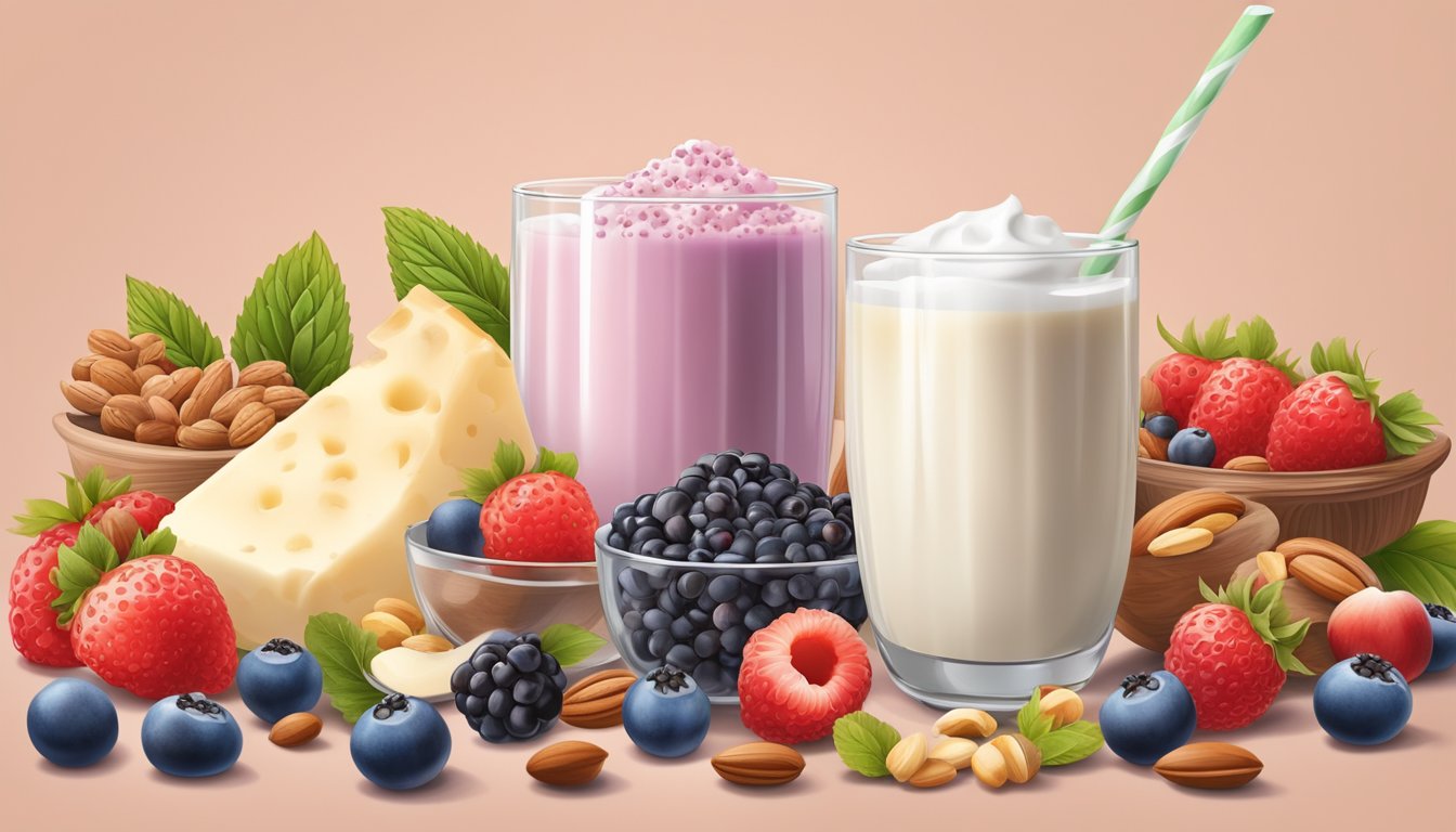 A glass of kefir overflowing with berries, nuts, and seeds, surrounded by a variety of dairy products and fresh ingredients