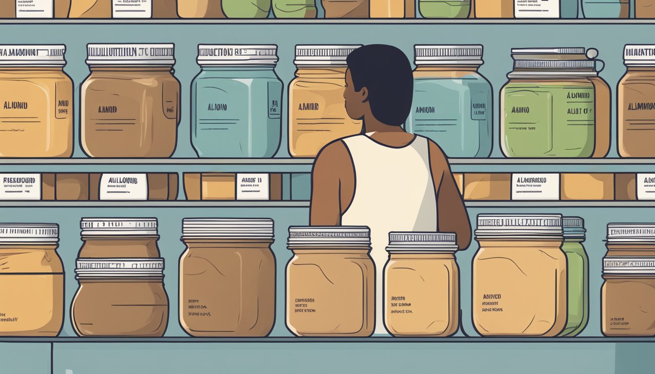 A jar of almond butter surrounded by multiple empty jars, a nutrition label, and a person pondering portion sizes