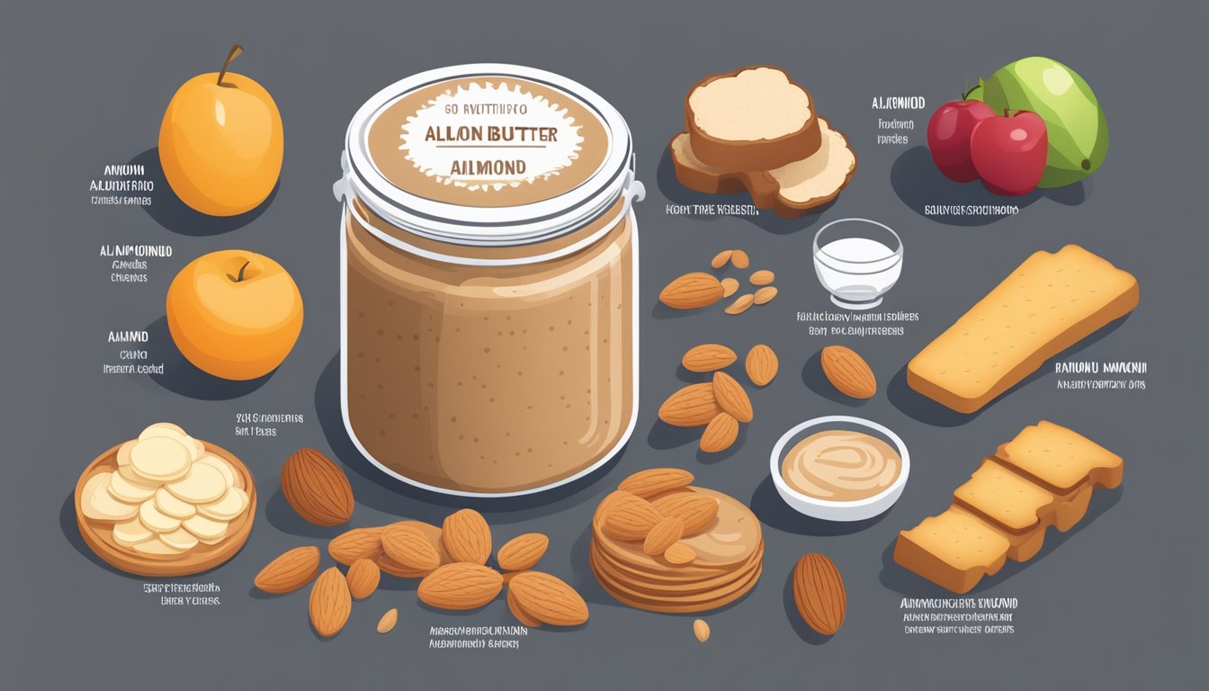 A jar of almond butter surrounded by various foods like fruits, bread, and crackers. A nutrition label is displayed with serving sizes and daily intake recommendations