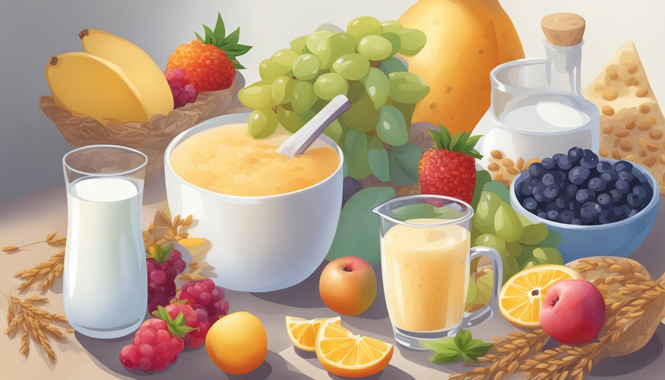 A person enjoying a glass of kefir with a measuring cup nearby, surrounded by various fruits and grains