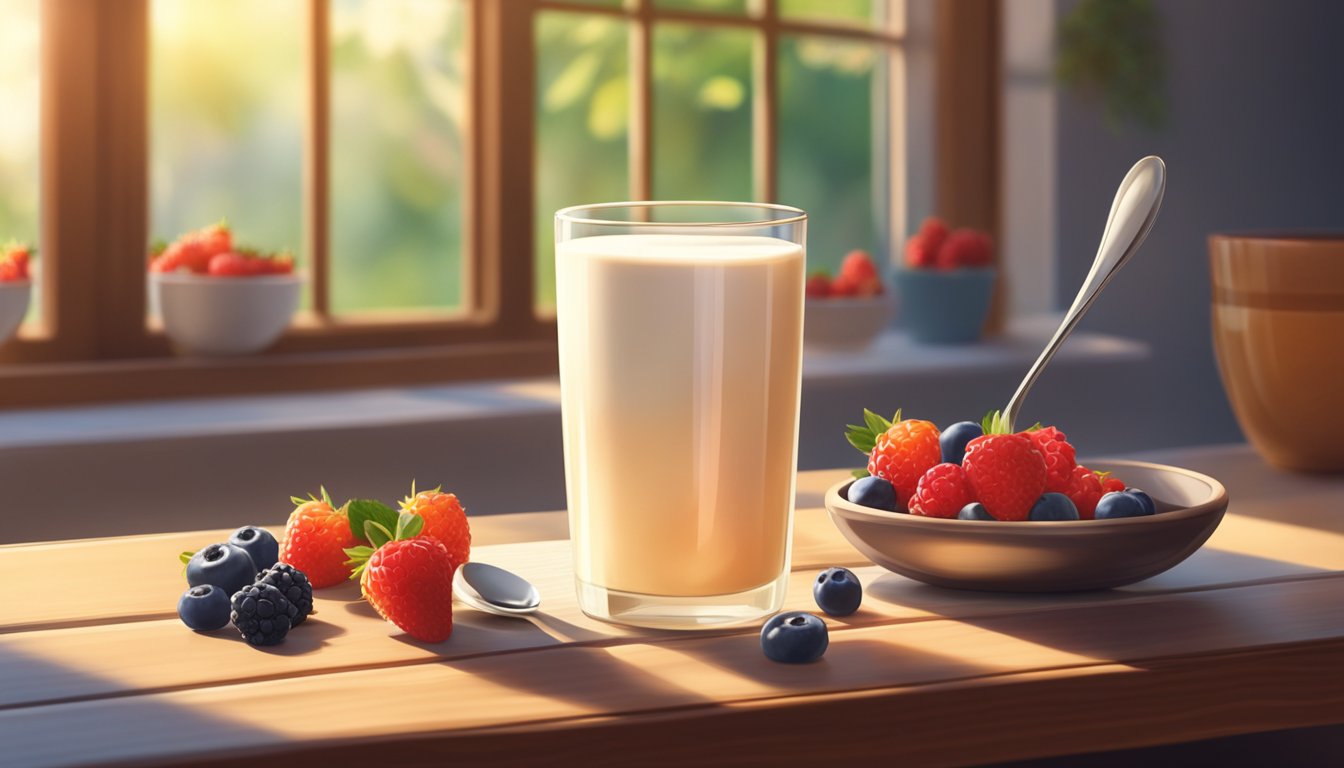 A glass of kefir sits on a wooden table next to a bowl of fresh berries and a spoon. Sunlight streams through a nearby window, casting a warm glow on the scene