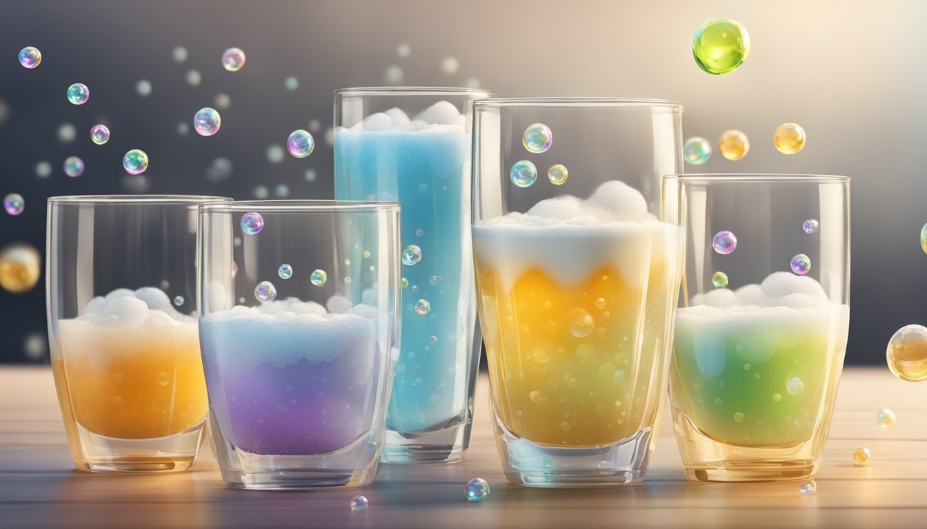 A glass of kefir overflowing with bubbles, surrounded by multiple empty glasses, indicating excessive consumption