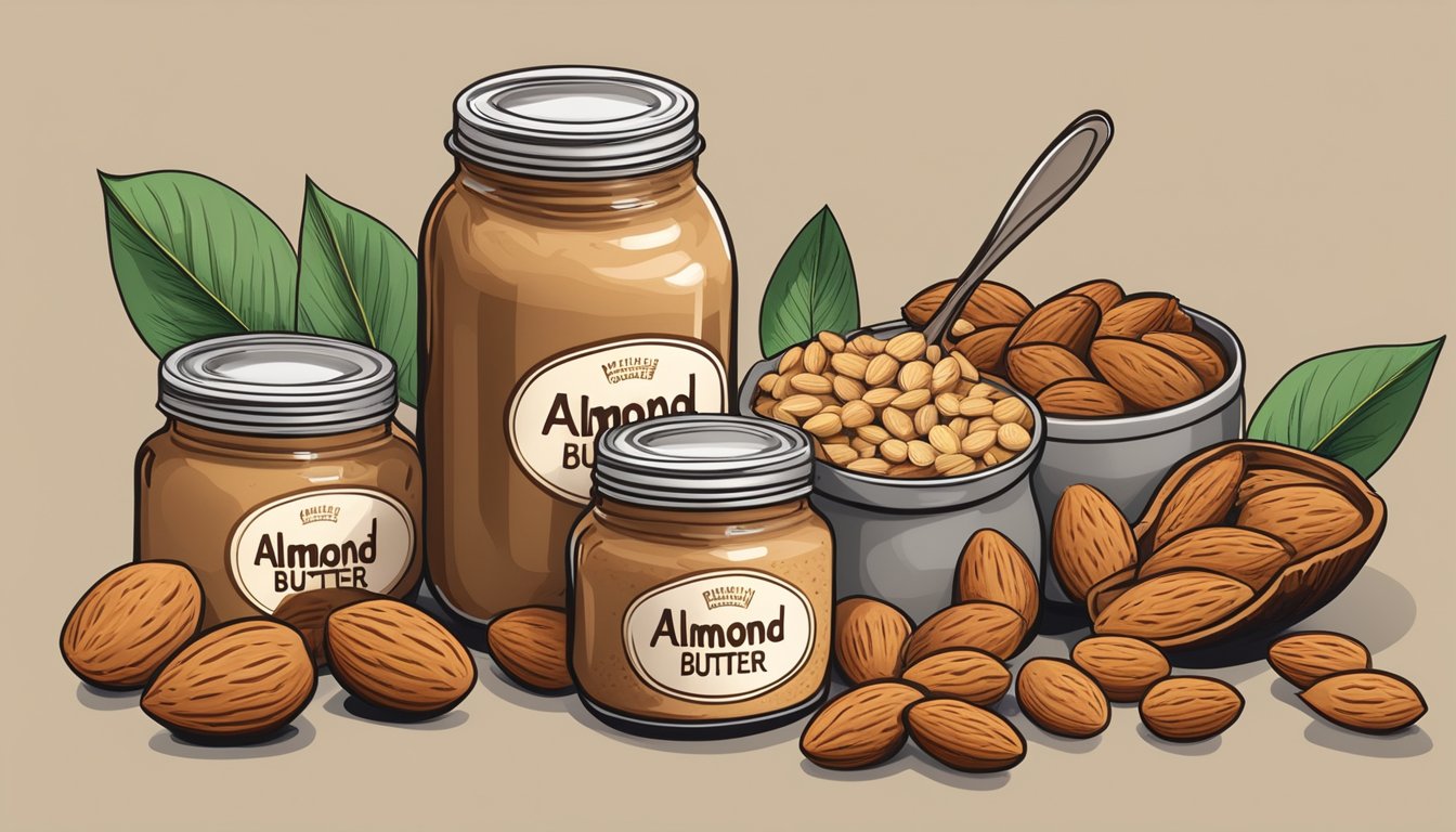 A jar of almond butter with multiple spoonfuls scattered around it, surrounded by various nuts and almonds