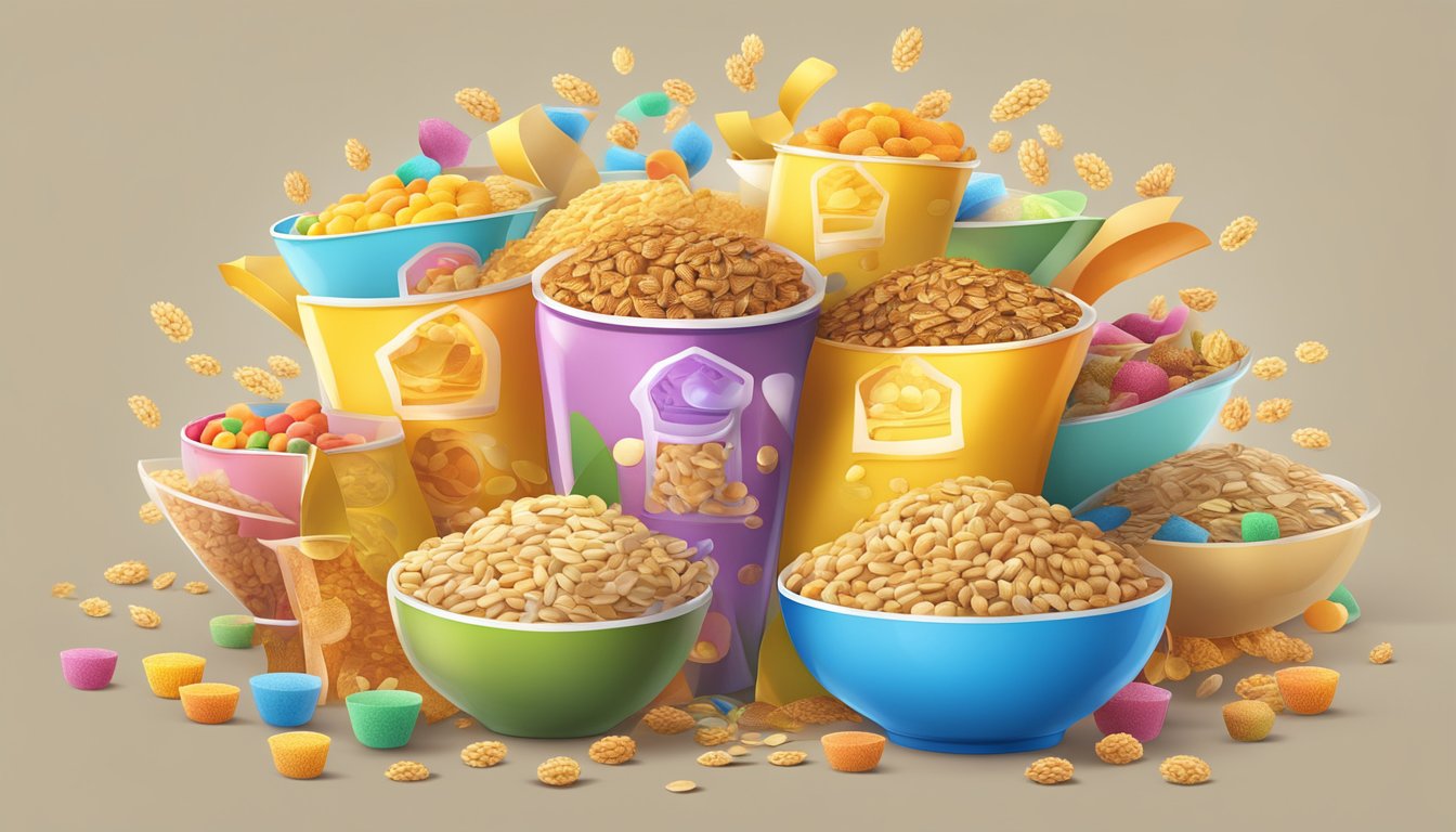 A colorful array of cereal boxes spilling out of a large bowl, with a measuring cup overflowing with cereal grains