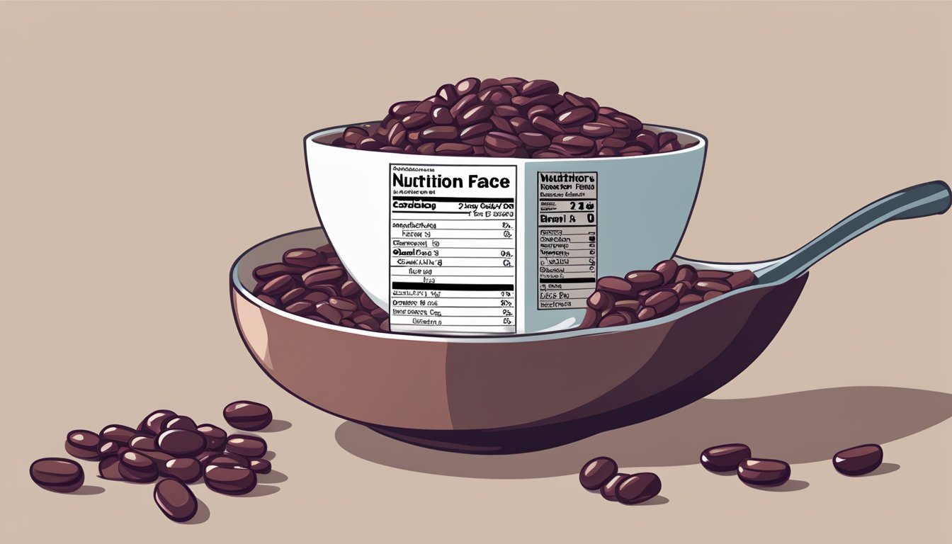 A bowl overflowing with kidney beans, a measuring cup, and a nutrition label