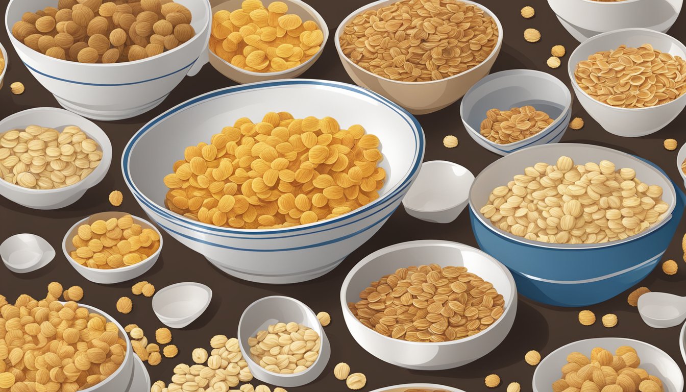 A bowl overflowing with cereal, surrounded by multiple empty boxes and a measuring cup