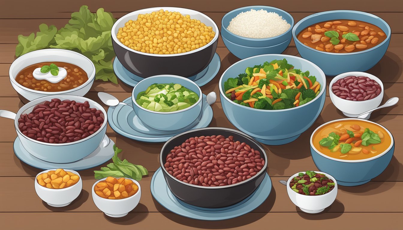 A variety of meals featuring kidney beans, including salads, soups, and rice dishes, displayed on a table