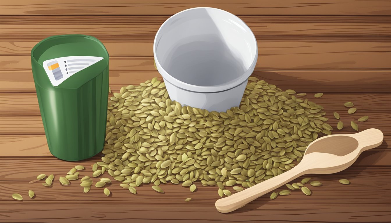 A small pile of pumpkin seeds spilling out of a measuring cup onto a wooden table, with a nutrition label and a question mark in the background